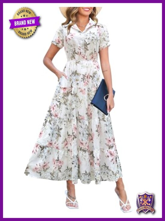 Dresses & Skirts - V-Neck Button Down Short Sleeve Chiffon Maxi Dress with Pockets